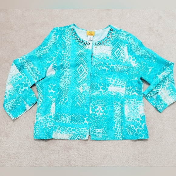 Ruby Rd. Womens Size 16 Aqua Blue Embellished Neckline Linen Blend Blouse/jacket - Picture 7 of 12